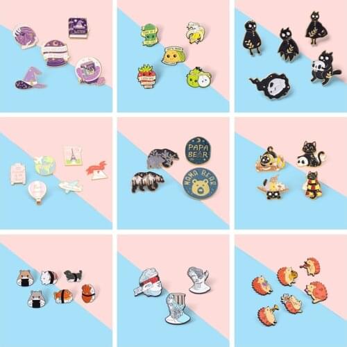 3-6Pcs/SETS Enamel Pin Witch Cute Cats Skull Accessories Brooches Punk Badges Clothes Backpack Gift for Friends Jewelry