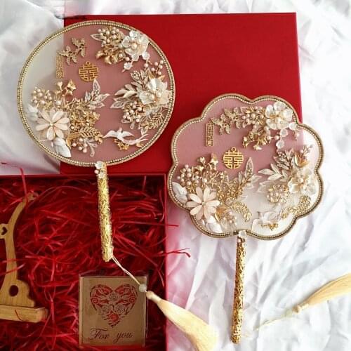 Fashion Gold Bridal Hand Bouquets Fan Type Handmade Flowers Beaded Chinese Metal Round Fan Wedding Jewelry Accessories