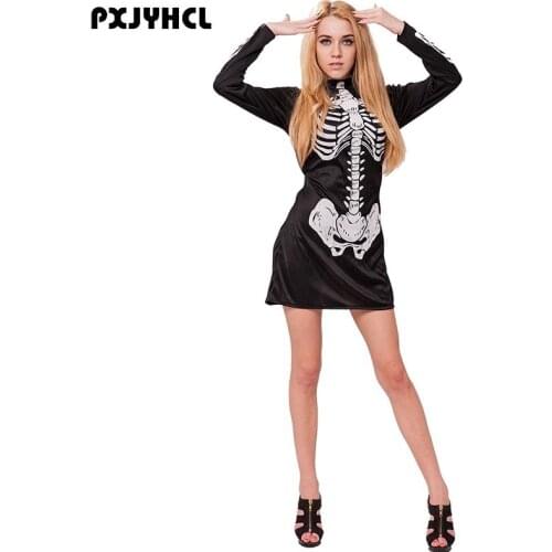 Halloween Carnival Skull Costumes For Women Sexy Skeleton Mini Short Dress Adult Fantasia Ghost Cosplay Black Dresses