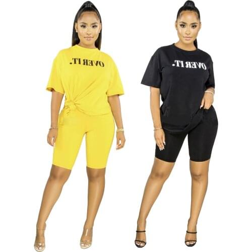 Yellow Letter Print Casual Two-piece Suit Short Sleeve O-neck Loose Tops High Waist Slim Shorts 2PC Sets Summer Women Clothing