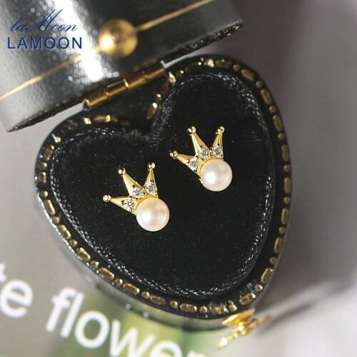 LAMOON Natural Freshwater Pearl Crown Stud Earring For Women S925 Silver 14K Gold Plated Fine Jewelry Korean Style Gift EI149