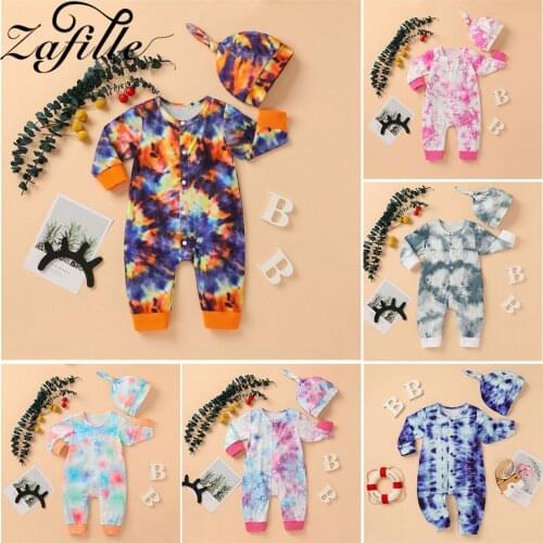 ZAFILLE New Tie-Dyed Baby Romper and Hat Unisex Cotton Long Sleeve Jumpsuits For Kids Sleepwear For Newborns Baby Girl Clothes