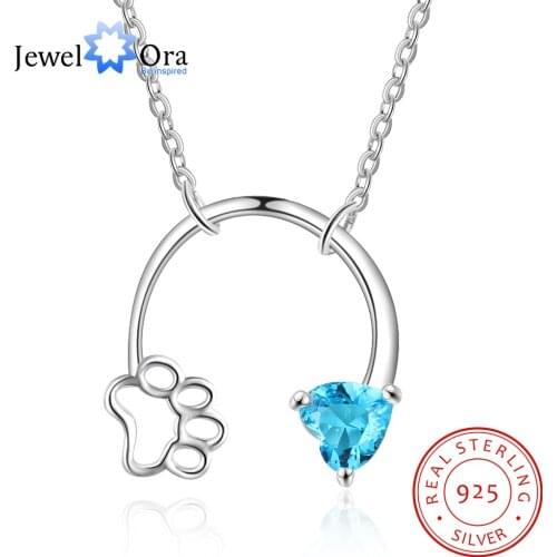 JewelOra Custom Heart Birthstone 925 Sterling Silver Dog Cat Footprints Paw Necklace & Pendant Personalized Silver Fine Jewelry
