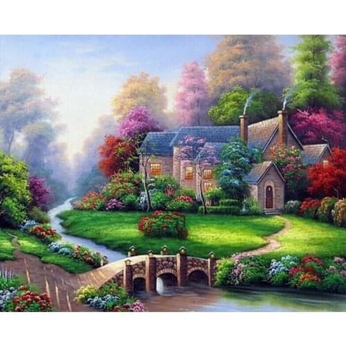 Full Drills 5D Diy Diamond Painting Kit,Spring Landscape Embroidery Cross Stitch Rhinestone Painting Decor (Cottage)