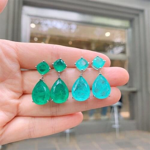 QTT 2021 Fashion Elegant Dangle Earring Paraiba Emerald Tourmaline Gemstone Earrings For Women Earrings Beads Jewelry Gift 12*16