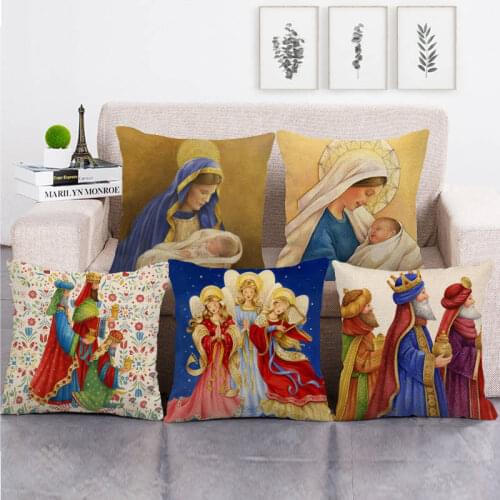 Religious Series Linen Cushion Cover The Virgin and Child Religion Decorative Pillowcase for Sofa Couch Living Room Decor 45x45