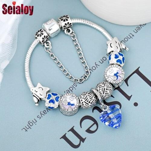 SEILAOY Blue Heart Glass Charm Bracelets For Women Men Original Hot Air Balloon Star Beads Couple Bracelet Bangle Gift
