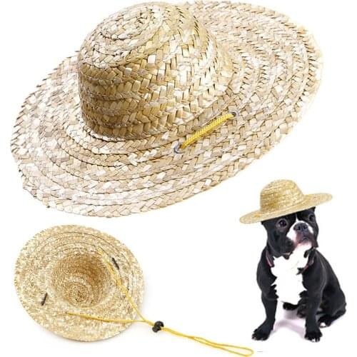 Handmade Straw Woven Adjustable Strap Farmer Cat Dog Cap Pet Clothing Accessories For Spring Summer Fashion Pet Straw Sun Hat