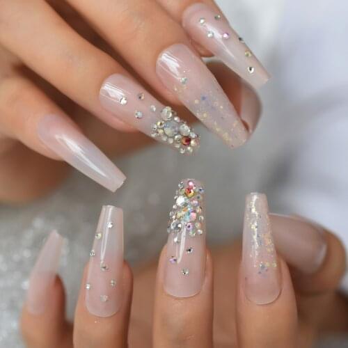 Extra Long Fake Nails Rhinestones Crystal Press On Tapered Eternal Bling Glitter False Nails Stick Glue Tape On Nail Tips