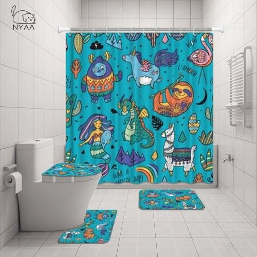 Flamingo Print Shower Curtain 4 Piece Carpet Cover Toilet Cover Bath Mat Pad Set Bathroom Curtain 12 Hooks