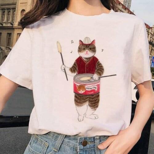 Korean Style Women Clothing Cats Print T-shirt Casual Short Sleeve O-neck Summer Tops Kawaii Graphic Tees White Female T Shirts
