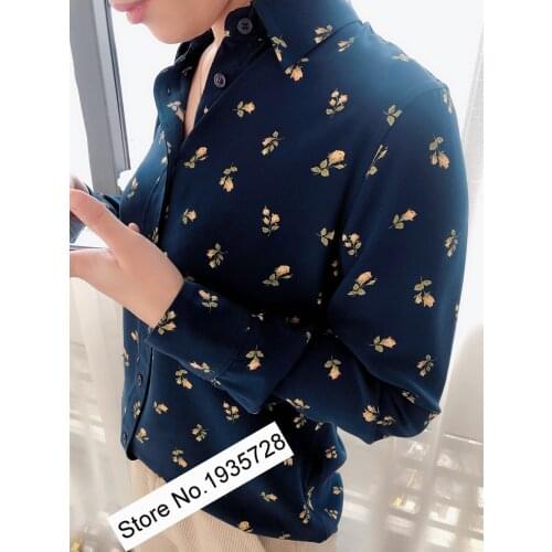 2021 Spring & Summer Women Elegant Rose Print Silk Micro-wrinkle Texture Long-sleeve Shirt