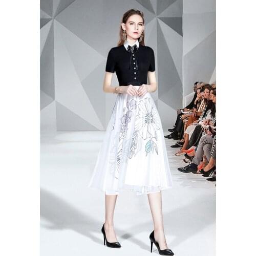 Womens Dresses 2020 New Summer Mesh A-Line Turn-down Collar Empire Lady Dresses Elegant Mid-Calf Bow Short Floral Casual Dresses