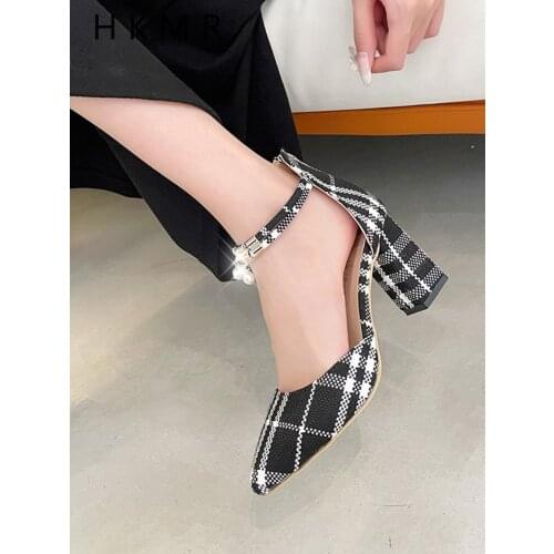 2021 Summer PU Checked Plaid Retro Ladies Pumps Summer Womans Shoes Small Size 35-40 Office Career Lady Chunky Women Sandals