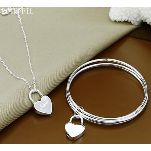 DOTEFFIL 925 Sterling Silver Heart Lock Pendant Necklace Bangle Set For Woman Wedding Engagement Party Fashion Charm Jewelry