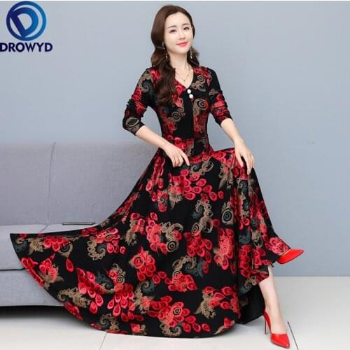 Women Boho Long Dress Winter 2021 New Office Lady Korea Style Print Full Sleeve Stretch V-Neck Add Black Cloth Nap Party Dresses
