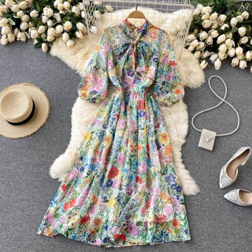 Womens Spring Summer Runway Fashion Bow Collar Floral Print Chiffon Dress Female Short Sleeve Chic Travel Party Dress TB949