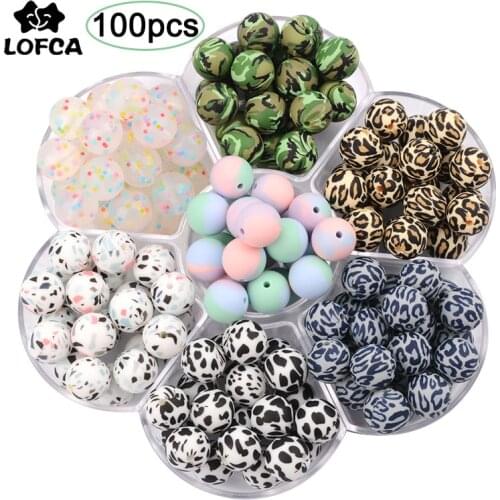 LOFCA 100pcs Leopard Print 12/15/19mm Silicone Beads Baby Teether Teathing Beads Tie-dye DIY Chewable Confetti Teething