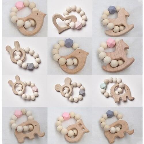 12# Wooden Rattle Beech Bear Hand Teething Ring Baby Rattles Play Stroller Toy