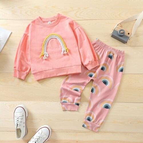 0-3T Infant And Baby 2-Piece Set Of Cute Autumn Casual Clothes Long-Sleeved Round Neck Rainbow Top + Elastic Waist Pants Suit
