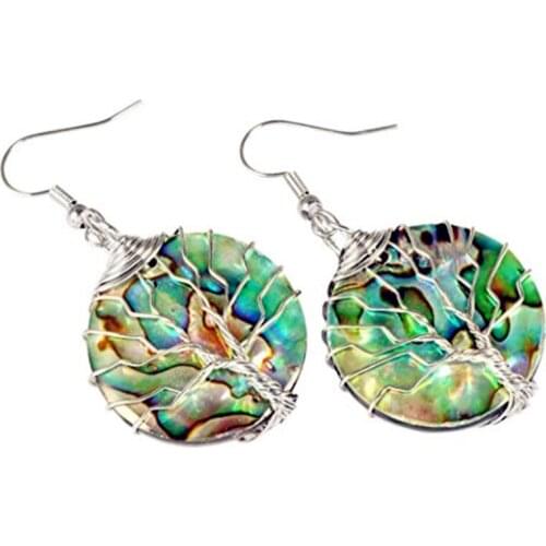 FYJS Unique Silver Plated Wire Wrap Round Shape Abalone Shell Dangle Earrings Ethnic Style Jewelry