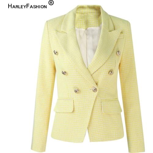 HarleyFashion New Fall Winter Luxury Thick Fabric Houndstooth Pattern Yellow Designer Womens Jacket Quality Female Blazer
