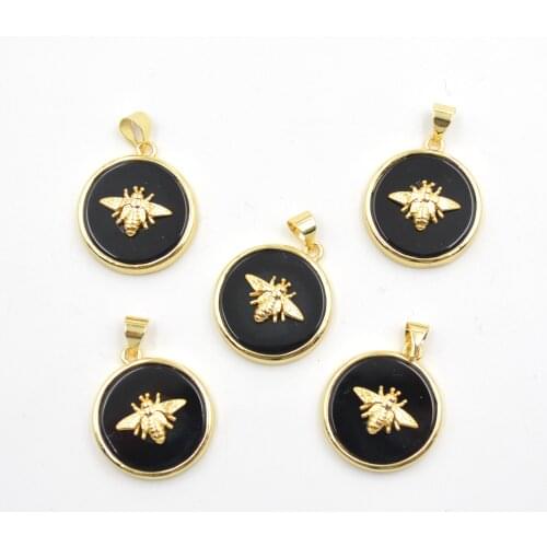 Round black obsidian pendants with gold electroplated insect paved, obsidian charms for jewelry making