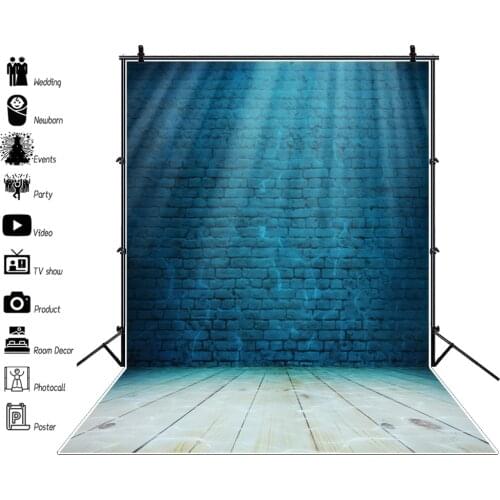Laeacco Stage Backdrop Blue Brick Wall Bright Spotlight Wooden Floor Party Baby Photographic Background Photocall Photo Studio