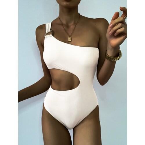 Storyever Summer Beach Sexy One-Shoulder Swimsuit Solid Color Women Swimwear Leaky Back Hollow Out Bikini Set