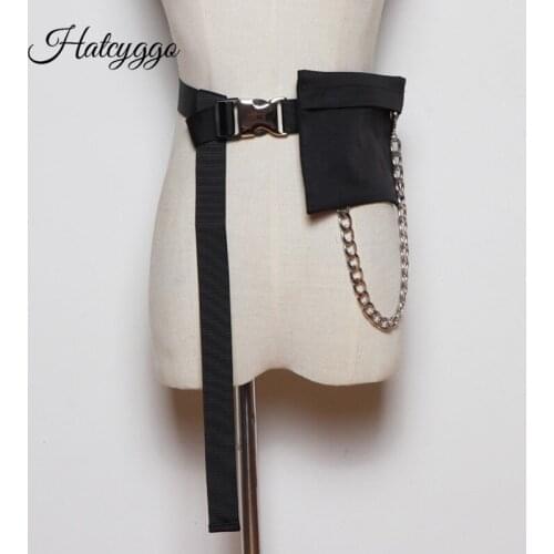 HATCYGGO Trendy Women Canvas Waist Bag Black Fanny Pack Punk Chain Belt Bags Female Automatic Buckle Belt Phone Pouch Hip Pack