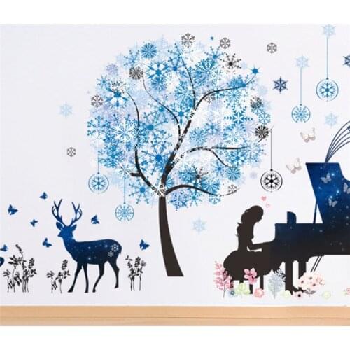Cartoon girl playing the piano butterfly wall decals for kids rooms pvc wall stickers flower fairy mural