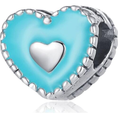 New Original Alloy Bead Blue Enamel Heart Charm Simple Love Fit Pan Bracelet Bangle DIY Women Jewelry Dropship