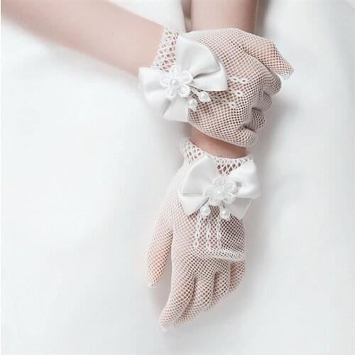 1Pair Wedding Party Bride Gloves Nylon/Lace/Imitation Pearl with Mesh Bowknot Birthday Party Ceremony Girl Performance Gloves