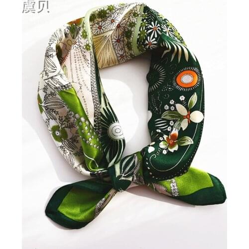 Grass green natural silk scarf for women printed with leaves 100% real silk scarves small 50cm square handkerchief gift for lady