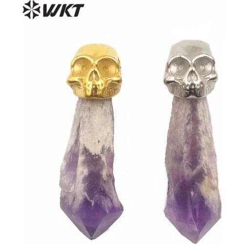 WT-P1533 Punk fashion Natural stone pendant amethys t pillar pendant with gold electroplated skull top stone pendant