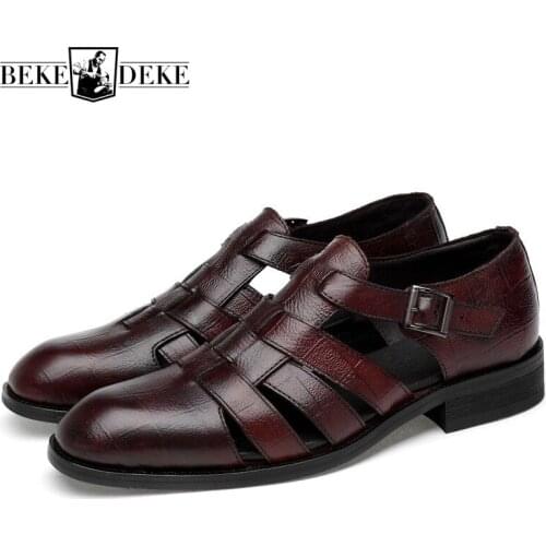 Classic Summer Mens Gladiator Hollow Out Genuine Leather Sandals Pointed Toe Office Work Buckle Casual Shoes Mens Beach Sandals