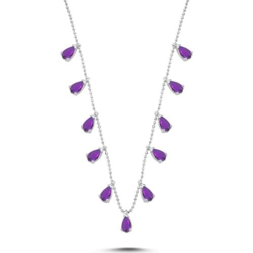 Silverlina Silver Drop Amethyst Zircon Cubic Zirconia Dangle Necklace