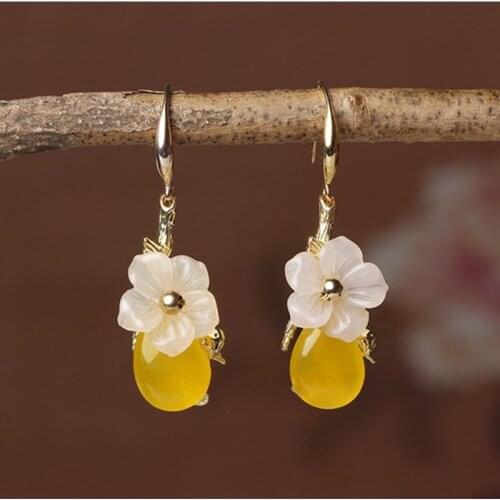 Retro Water Drop Ear Yellow Chalcedony Flower Earring Ancient Style Ear Decoration Simple Super Fairy Small Fresh Jewelry