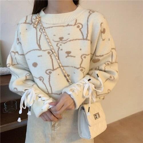 Luck A Harajuku Korea Funny Cartoon Long Sleeve Knit Sweater Women Autumn Sweet Loose Turtleneck Fashion Casual Women Sweater