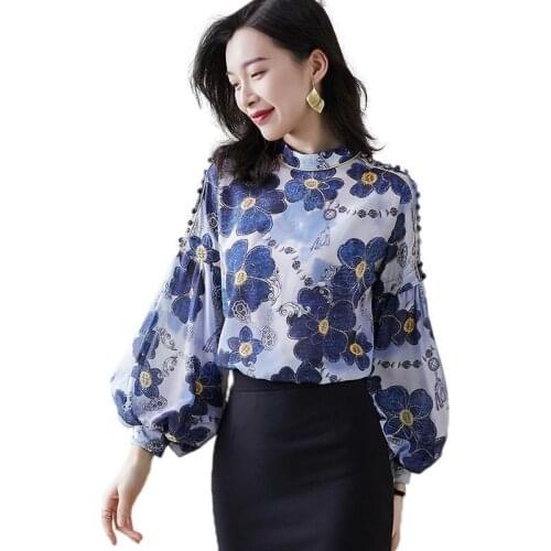 Women Spring Autumn Style Blouses Tops Lady Casual Long Lantern Sleeve Stand Collar Blusas Tops DD9153