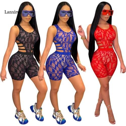 Womens Summer Clothing Wholesale Items Fashion Round Collar Mesh Patchwork Hollow Out Casual Style Jumpsuit Shorts