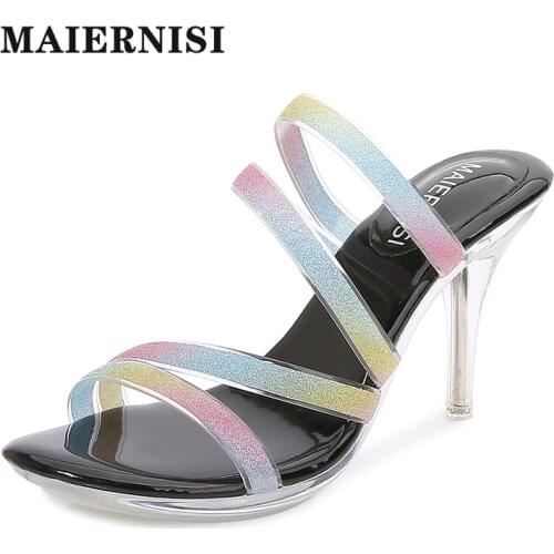 MAIERNISI Women Shoes Transparent Slippers 2020 Summer luxury brand Crystal Heel Non-slip Slides Female Thin Heel 8cm High Heels