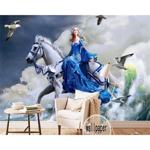 Beibehang European-style hand-painted large waves riding white horse woman 3D wallpaper mural bar nightclub 3d wallpaper