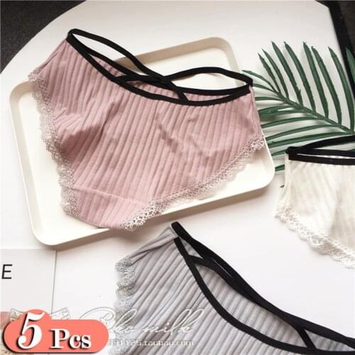 5Pcs/Lot Solid Striped Cotton Sexy Underwear Women Lovely Lace Side Seamless Briefs Breathable Menstrual Panties Lingerie Set