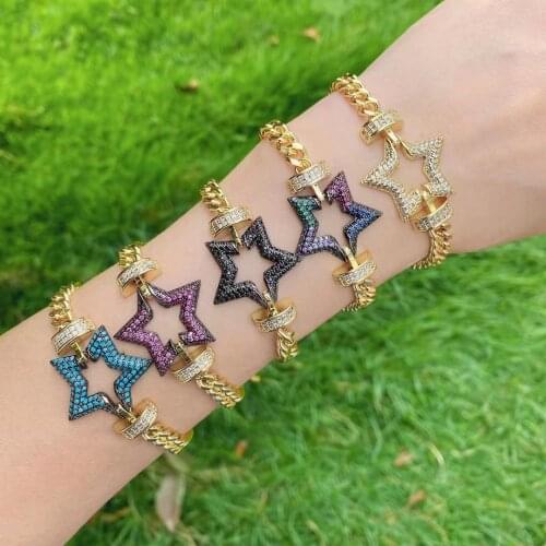 5PCS, Vintage Multicolor Crystal CZ Pave Curb Chain Bracelets For Women Girls Copper Star Beads Bangles Bracelet Punk Jewelry