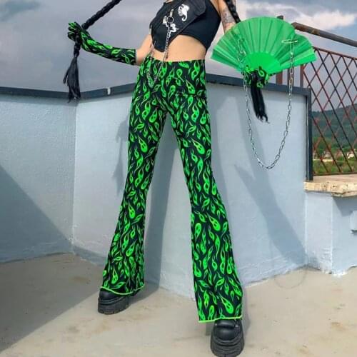 Black Neon Green Long Pants Fashion Elastic Waist Flare Pants 2019 Autumn Streetwear Green Flame Print Flared Trousers For Women