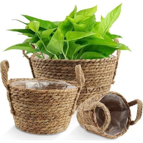 Flower Basket With Handle Hand-Woven Green Desktop Storage Rattan Macrame Plant Pot Woven Picnic Baskets Plant Home Decor