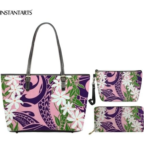INSTANTARTS Hawaiian Tribal Purple Floral Print Womens Large Handbag 3pcs PU Leather Top-handle Bags with Makeup Case Wallet