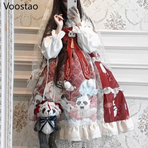 Chinese Style Harajuku Sweet Lolita OP Dress Girly Cute Panda Print Lace Mesh Lace Princess Dress Women Hanfu Lolita Party Dress