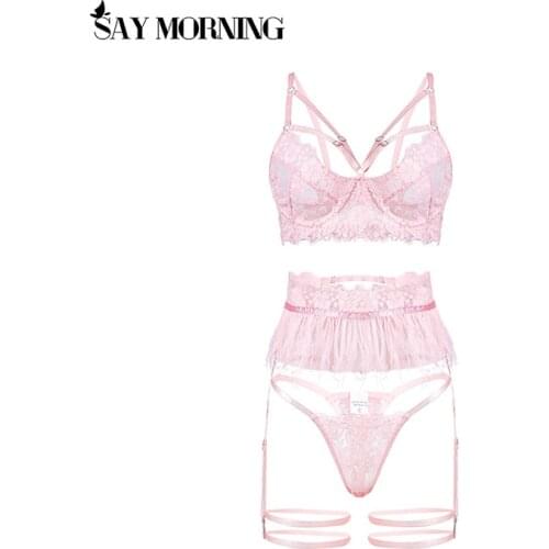 SAY MORNING Womens Lace and Feather Stitching Sexy Garter Underwear Set Mesh Flower Embroidery Bra Set Thong Lingerie Set